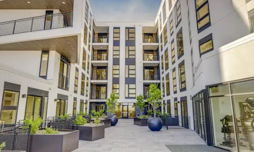 a courtyard with plants and trees